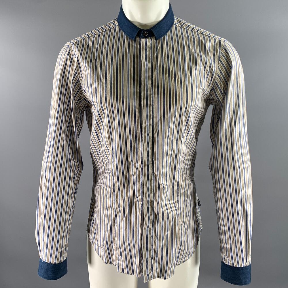 JUST CAVALLI Size M White Blue Brown Stripe Cotton Long Sleeve Shirt